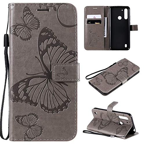 SATURCASE Schmetterling PU Lederhülle Magnetverschluss Brieftasche Kartenfächer Standfunktion Handschlaufe Handy Tasche Schutzhülle Hülle für Motorola Moto G8 Power Lite (BU-Grau)