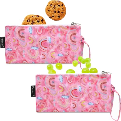 Fammart Reusable Sandwich Bag/Snack Bag for Kids & Adults, Dual Layer Lunch Bag with Handle, Washable, Food Safe, BPA Free (2-Pack, Rainbow)