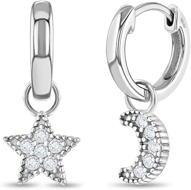 925 Sterling Silver Celestial Clear Cubic Zirconia Moon & Star Dangle Hoop Earrings For Young Girls and Preteens 12mm - CZ Earrings for Star Gazing Little Girls