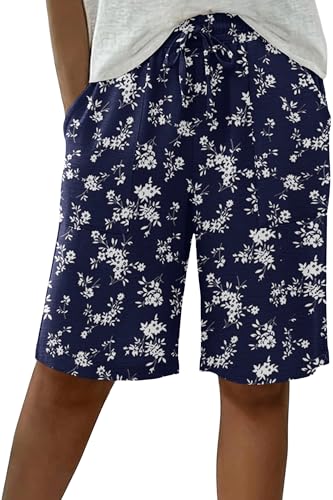 IWOLLENCE Bermuda Shorts for Women Over 50 Knee Length Elastic High Waisted Shorts Summer Casual Wide Leg Baggy Shorts