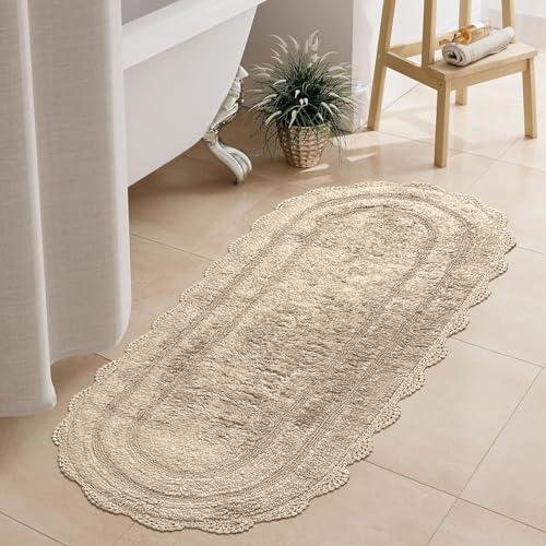 Chardin Beige Crochet Bath Runner Rug, 100% Cotton, 24x60 Inch | Home, Oval Bathmat, Artisanally Handcrafted Crochet Border, Large Long, Master bathrooms, Bathtubs, Bedside, Nursery