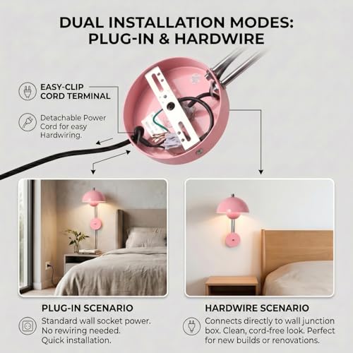 Image of COSYLUX Mid-Century Modern Bud Plug in Wall Sconces for Bedroom, Light Pink | Indirect lighting reading wall lamp, all-metal construction, plug-in or hardwired install, fits bedroom bedside, living room