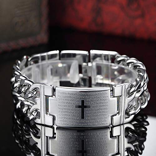 Image of Young & Forever Titanium Steel Cuban Link Chain ID Bar Bracelet for Men and Boys | Bold Punk Style Hand Band Kada | Plain and Religious Cross Engraved Matte Black & Metallic Silver Style Options