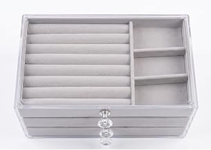 Sprqcart Clear Acrylic Jewelry Organiser with 3 Drawers, Velvet-Lined Stackable Storage Box, Transparent Display Case for Earrings, Rings, Necklaces Grey