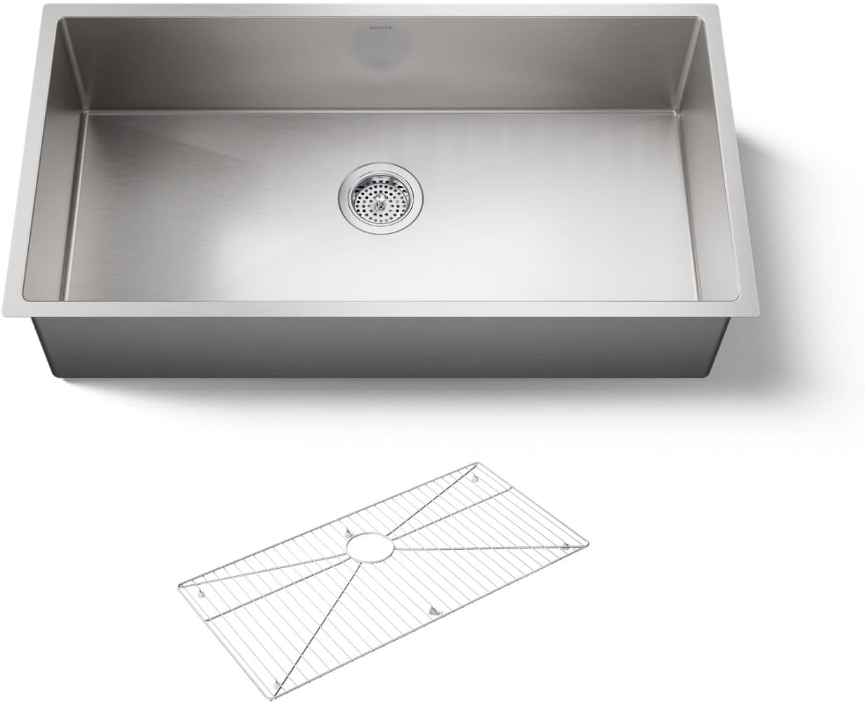 Strive® 35" Undermount Kitchen Sink with Extra-Large Single Bowl and Basin Rack, Stainless Steel Kitchen Sinks, K-5283-NA