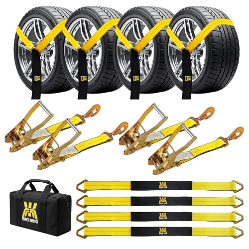 Car Tie Down Straps for Trailers, 4 Pack 2" x 144" Heavy Duty Car Hauler tire Straps, 10,000 lbs Break Strength, Ratchet Straps with Snap Hooks & Axle Straps for Cars, SUVs, Trucks, ATVs & UTVs