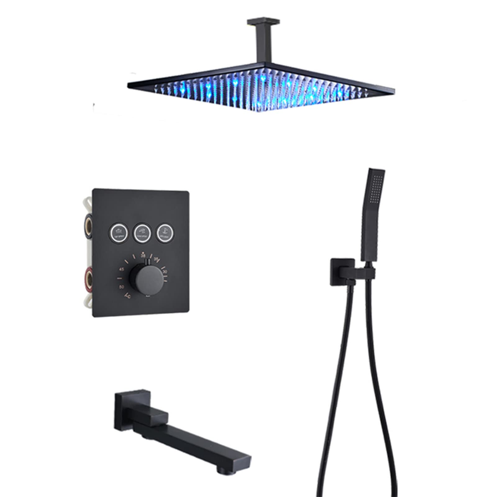 WOTZOV Thermostatic Shower System Matte Black, Concealed Faucet Set With Led Rainfall Head And Handheld Sprayer, Bath Filler,Wall Mount 12In，Ceiling Mount 12in