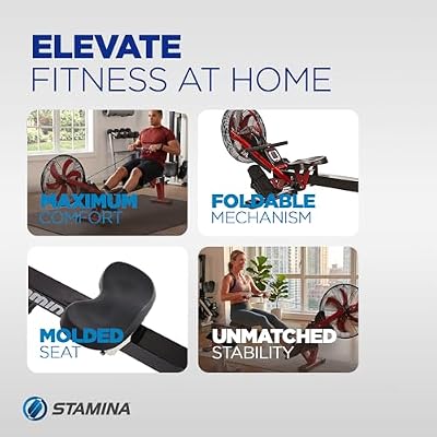 Stamina X Air Rower - Rower Machine with Smart Workout App - Rowing Machine with Air Resistance for Home Gym Fitness - Up to 250 lbs Weight Capacity - Black/Red