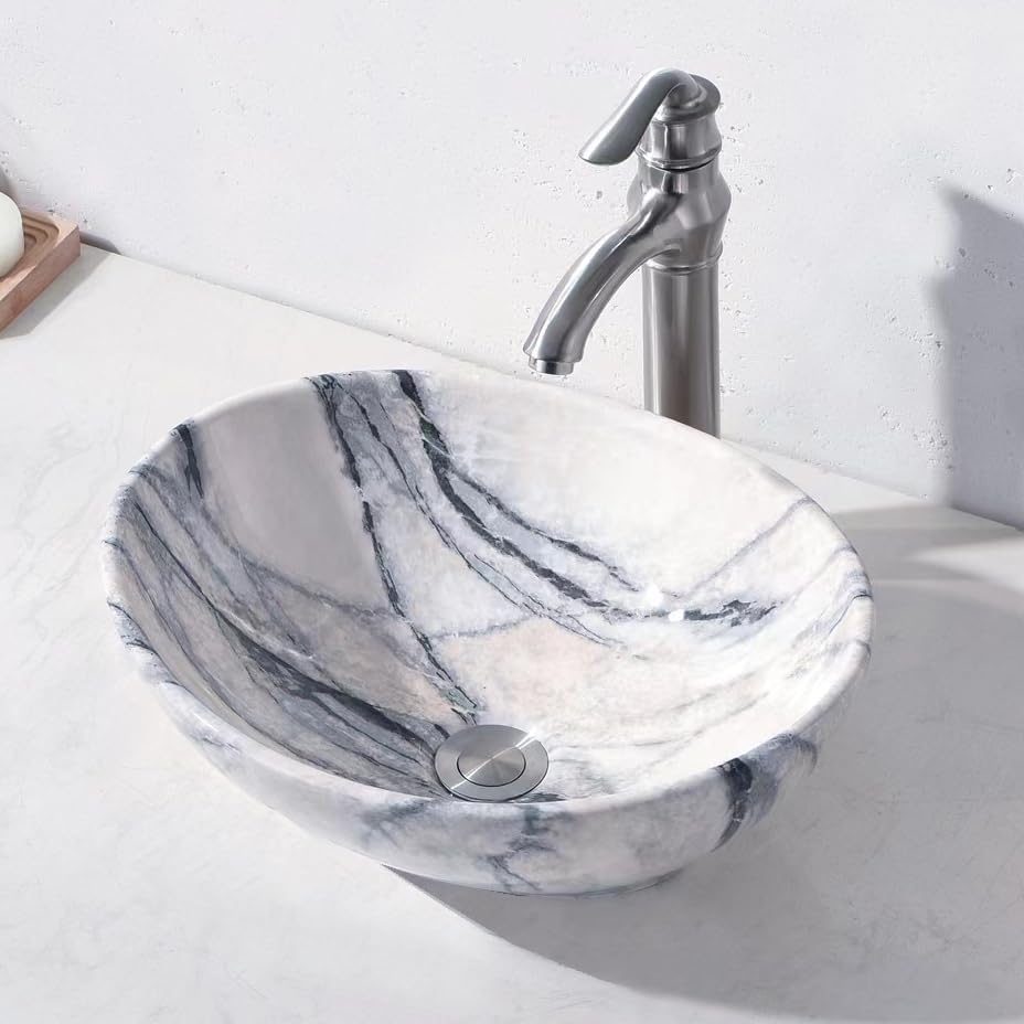 oval bathroom vessel sink with faucet -hlblfy 16"x13" black white marble coated porcelain ceramic vessel vanity sink art basin & brushed faucet combo marbling 16" x 13"