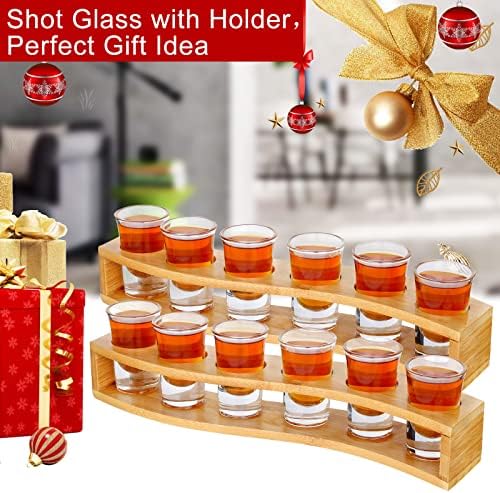 Shot Glasses Set of 12 Bulk Fun Shot Glasses and Holder 30ml/1oz Clear Crystal Shot Glass with Tray Serving Board Organizer for Liquor Shot Tequila Whisky Brandy Vodka Rum Cocktails Party