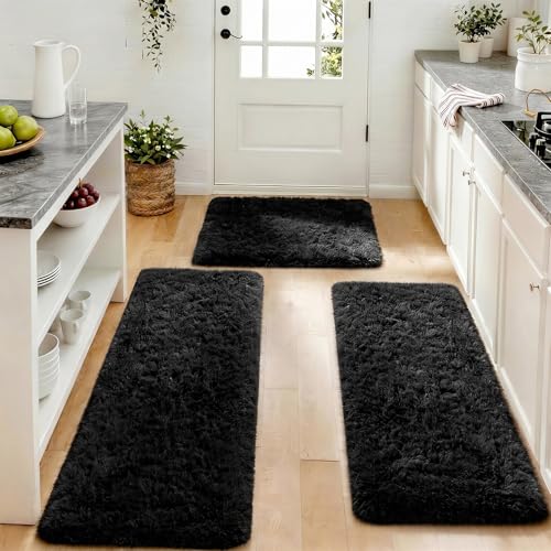 Ophanie Small Rug Washable Non Slip Throw Bedside Area Rugs, Fluffy Soft Mini Bedroom Carpet, 1.5x2.5，1.5x4 and 1.5x5 Rug Set, 3 Piece Black with Over 99 pcs Pile fibers — view 5
