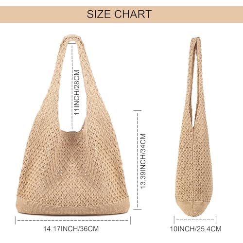 Aowvuts Borsa Da Spiaggia Borsa Mare All'uncinetto Donna Borsa A Tracolla A Maglia Estiva Boho Tote Bag In Rete Handbag Pieghevole Per Vacanze, Viaggio, Shopping E Uso Quotidiano (Kaki) - 7