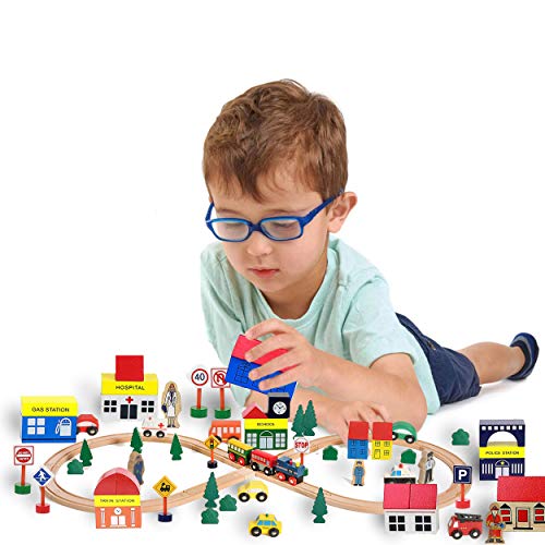 On Track USA Wooden Train Set Accessories, Modern City Town 50 Piece Train Track and Railroad Accessories Set, Comes in A Clear Container, for Kids Boys and Girls, Compatible with All Major Brands - Thumbnail 7