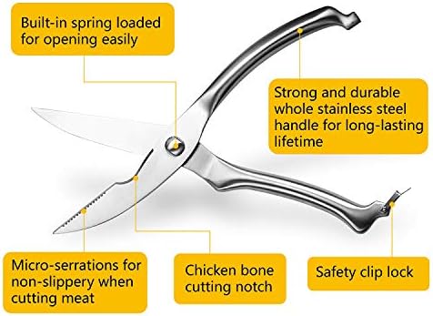 Kitchen Scissors, Uooker Heavy Duty Multi Purpose Poultry Shears, Utility Ultra Sharp Spring Loaded Stainless Steel Kitchen Shears for Meat Chicken Fish Seafood BBQ (Silver)
