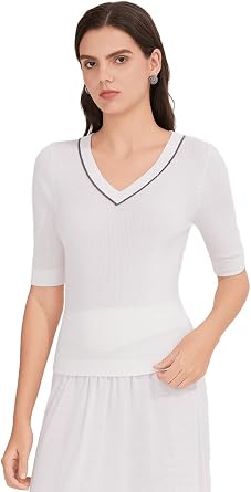 Womens Biella Merino V-Neck Sweater | 12-Gauge Half Sleeve Color-Block Lightweight Transitional Pullover, BD4521217