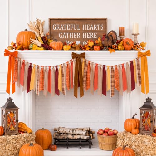 Fanfanwin 8.2 ft Fall Tassel Garland Banner Decor 3 Velvet Bows Mantel