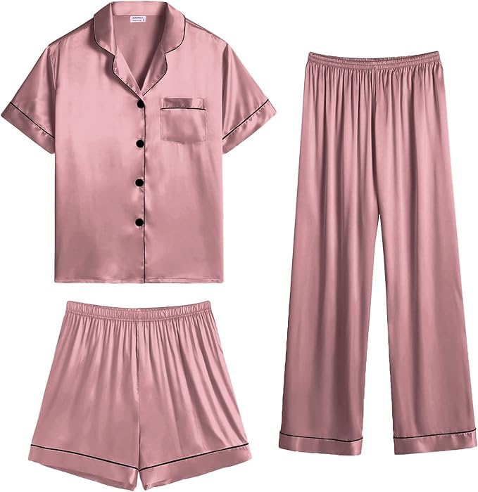 Polyster 3 Pieces Pajama Set for Women, Girls | Half Sleeve Luxurious Silk & Comfortwear Shirt Pant Nightwear Set Lounge Wear- Rose Gold-image-48