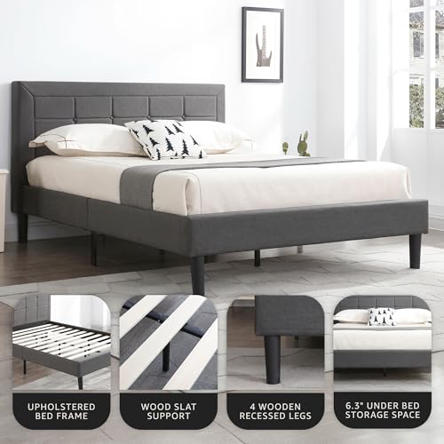 Image of Decoro Mornington Upholstered 2.0 Platform Bed, Button-Tufted Fabric Headboard and Metal Frame with Wood Slat Support, Dark Grey, Full