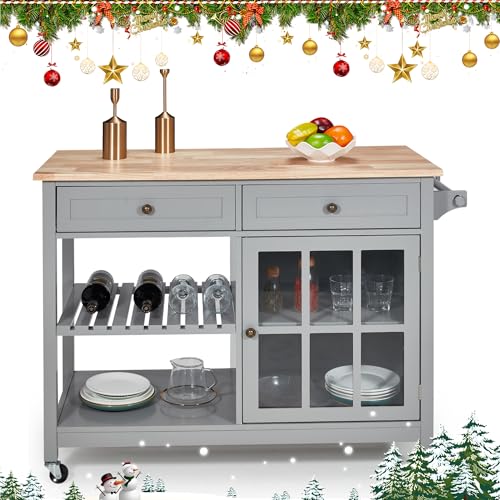 AVAWING Rolling Kitchen Island Cart with Storage, 42\" Width Kitchen Cart w/ 2 Wheels, Coffee Cart with Drawers & Openshelves & Glass Cabinet & Towel Rack, Portable Islands, Grey