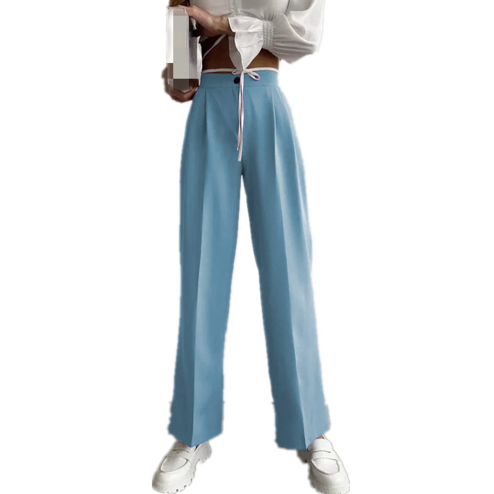 Fashion Womens Casual Workplace Temperament Trousers Loose All-Match Straight Pants Commuter Trousers S Blue
