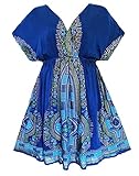 119 - Plus Size Dashiki Printed Babydoll Cover-Up Vacation Dress (3X, Sapphire Blue)