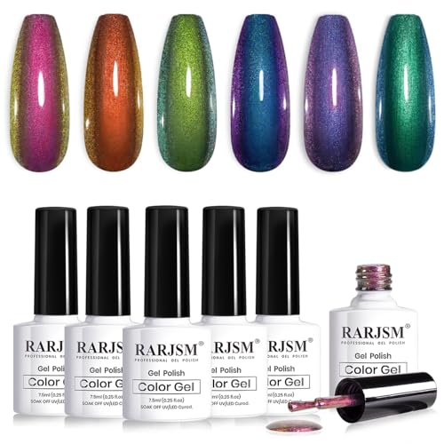 RARJSM Chameleon Gel Nail Polish 6pcs Set Multichrome Gradient Color Changing Orange Green Dark Blue Purple 7.5ml Shimmer Glitter Gel Polish Curing Requires Soak Off Sparkle Chrome Nail Gel Varnish