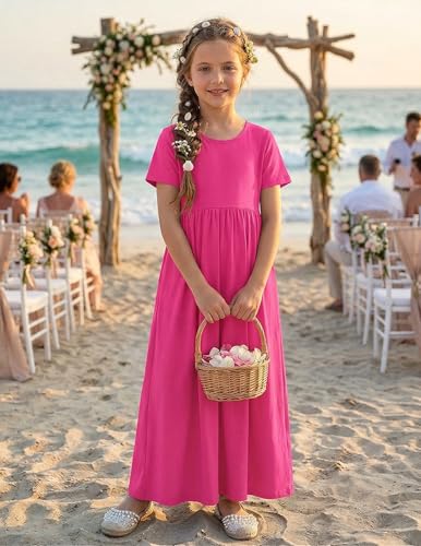 Image of Arshiner Girls Maxi Dress Long /Short Sleeve Casual Holiday Dress with Pockets for 5-13 Years