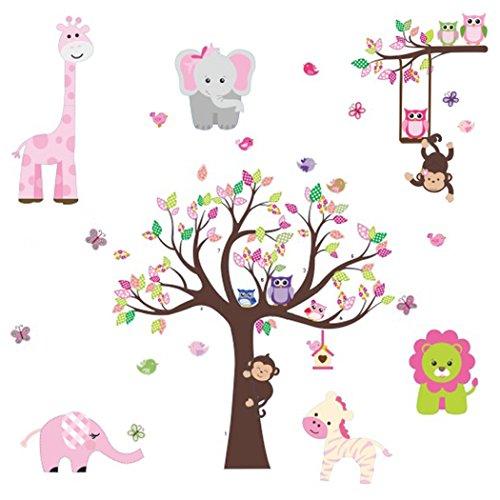 Dekosh Kids Pink Jungle Theme Peel & Stick Girl Nursery Wall Decal, Colorful Owl Giraffe Lion Tree Decorative Sticker For Baby Bedroom, Playroom Mural #TOP3
