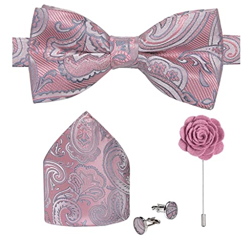 SLSFJLKJ Vorgebundene Fliege for Herren Rosa Paisley Jacquard Schmetterling Knoten Einstecktuch Manschettenknöpfe Corsage Set for Hochzeit (Color : A, Size : 11.43 x 6.85 cm) Cover
