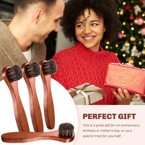 Image of 4 Pcs Horsehair Shine Shoes Brush Kit Polish Dauber Applicators Cleaning Leather Shoes Boots Care Brushes Suede Cleaner Brush with Microfiber Shoe Cloth(Brown Handle A)