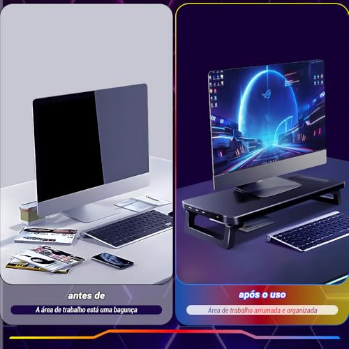 Tarbaha Base Suporte Gamer para Monitor e Notebook, Ajustável, Preto com Luzes RGB, 3 USB + 1 Tipo C