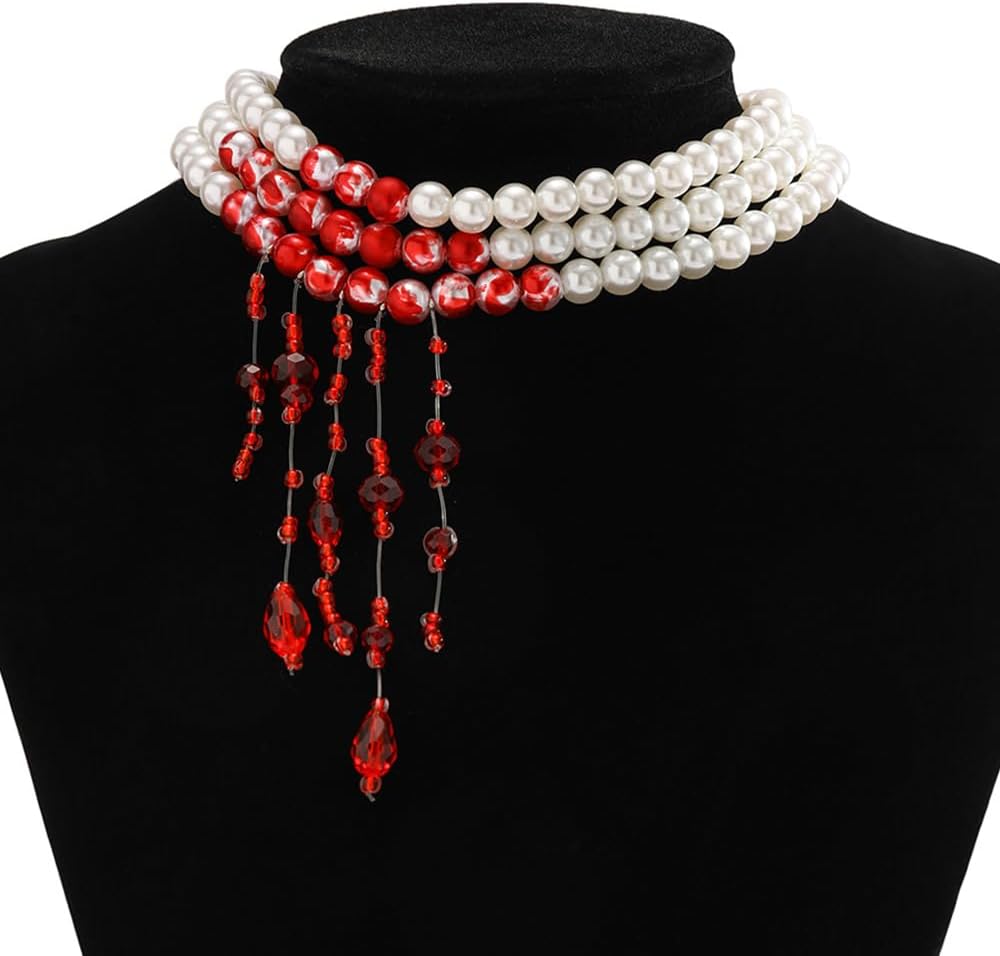 Boho Red Round Pearls Choker Necklace Multi Strands Vintage Red Halloween Choker Bridal Punk Y Long Choker Necklace for Women - Image 4