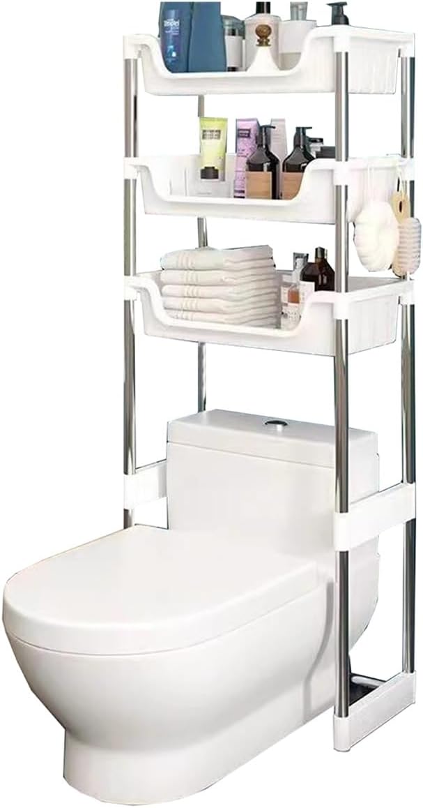 Over The Toilet Storage White, Bathroom Organizer Shelves Over The Toilet Storage Shelf, Freestanding Above Toilet Storage Shelf With Hooks, Over The Toilet Rack For Bathroom ( Color : /White , Size