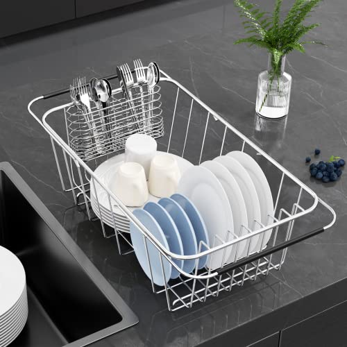 Sink Dish Drainer Rack Adjustable, Expandable 304 Stainless Steel Metal Dish Drainer Rack Organizer Shelves With Stainless Steel Utensil Holder Over Inside Sink, Rustproof #TOP6