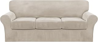 FantasDecor 4 Piece Sofa Velvet Couch Covers for 3 Cushion Stretch Slipcover with Individual Seat Cushion Elastic Furniture Protector for Pets, Machine Washable (Sofa, French Oak)