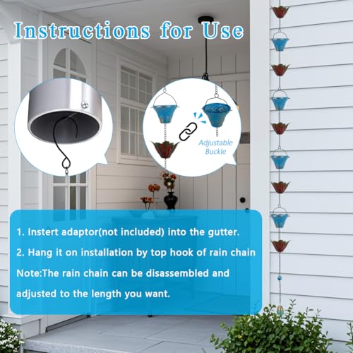 Qipade 10FT Rain Chains for Outside, Rain Gutter Chain with 8 Cups & Lotus Decor, Adjustable Rain Catcher Chain for Eaves Drainage, Replacement for Downspout by Qipade - Image 5