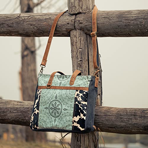 Anngoti Canvas & Cowhide Messenger Bag For Women, Vintage Crossbody Shoulder Bag Western Purse With Multiple Pockets | Smooth Zipper | Adjustable Strap #TOP5