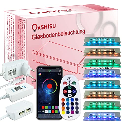 OASHISU Upgrade 8er Set 6*5050SMD RGB LED Glaskantenbeleuchtung LED Clip Glasbodenbeleuchtung mit Steuerbar via App Vitrinenbeleuchtung mit RF Fernbedienung Schrankbeleuchtung Farbwechsel Musik Sync