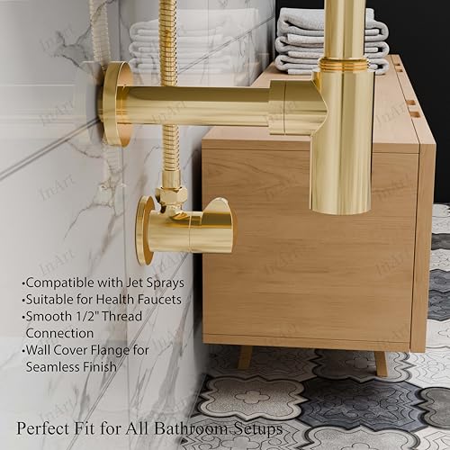 Image of InArt Heavy-Duty Brass Angle Valve for Bathroom & Kitchen | Leakproof 1-Way Angle Stop Cock with Wall Flange | Glossy Gold - 5 Year Warranty