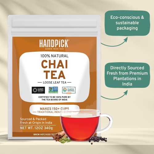 Handpick, Chai Tea Loose Leaf (340G/12Oz) Makes 150+ Cups | Non-Gmo, 100% Pure Chai Tea Loose Leaf | Strong, Robust & Aromatic Masala Chai | Resealable Ziplock Pouch | Brew Hot, Iced & Chai Latte #TOP1