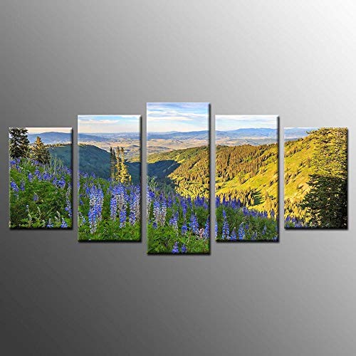 Tableau 5 pièces fleurs violettes moderne pour décoration salon contemporain