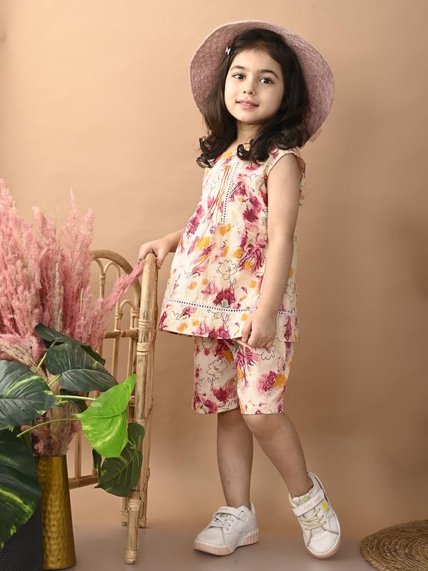 Image of superminis Girls Cotton Floral Printed Sleeveless Top and Shorts Clothing Set