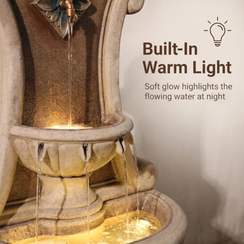 Image of Bumilgar Outdoor Wall Fountain with LED Lights, 48.82 inch H Freestanding Garden Water Fountain Sandstone Curved Scroll Resin, Large Floor Standing Patio European Resin Flat Back Yard