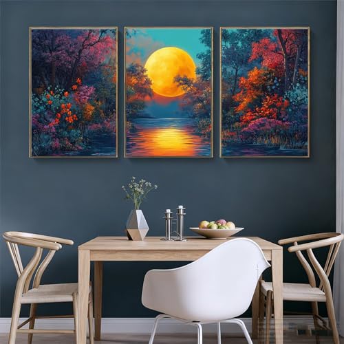 Tableaux Moderne Abstrait Oujkeef triptyque coucher de soleil lac 55x80cm