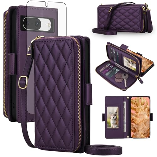 Asuwish Compatible with Google Pixel 8 5G Wallet Case Zipper RFID Blocking and Screen Protector Crossbody Lanyard Strap Flip Card Holder Slots Pixel8 Eight Phone Cover for Women Men Dark Purple