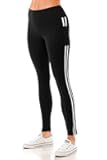 Jvini Women's High Waist Sporty Leggings with Tech Pockets - Striped Sport Yoga Workout Tight Pants, Black