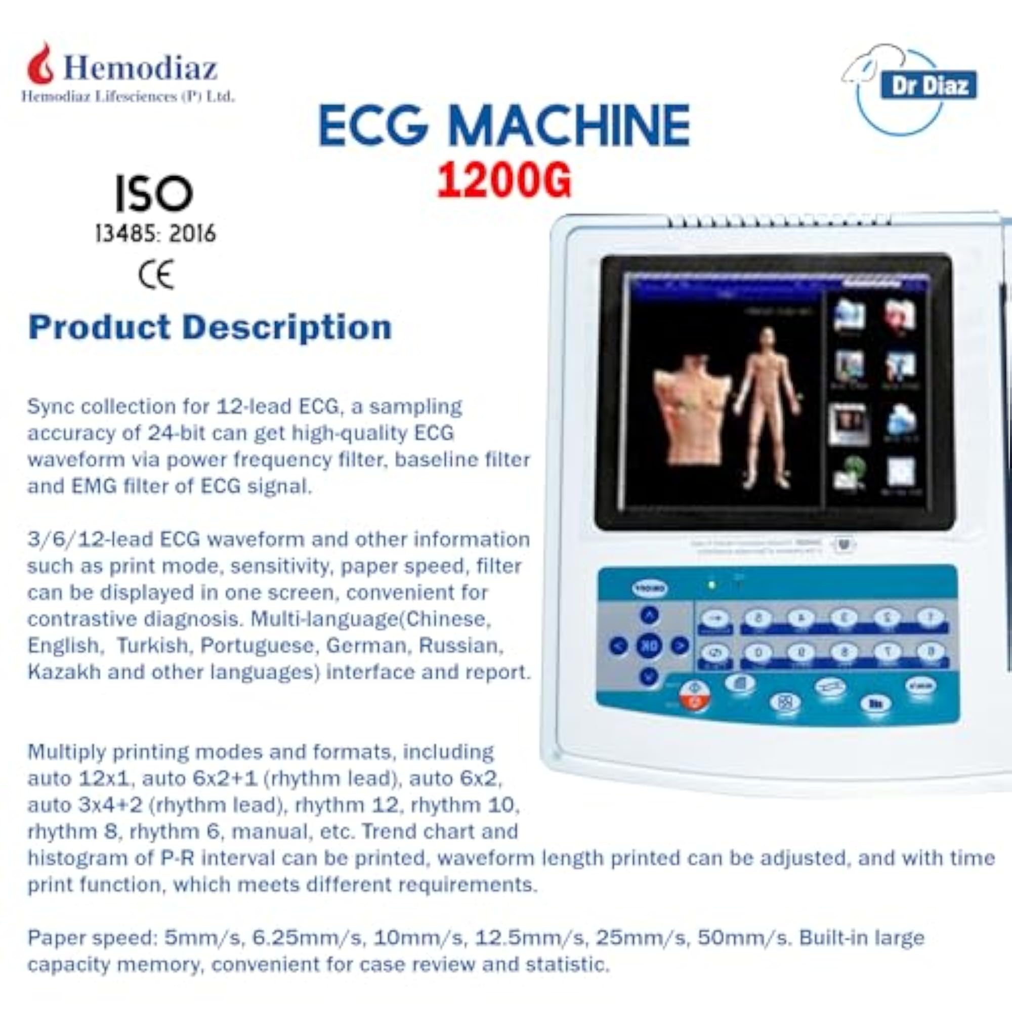 12 1200G ECG Machine, Advanced 12-Lead Monitoring
