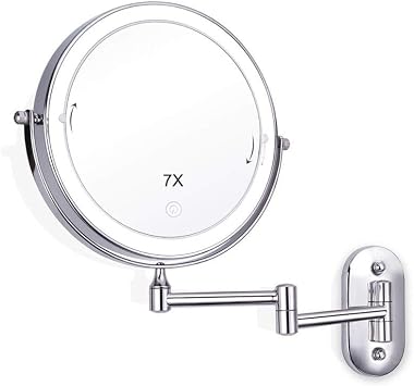 8 Inch Makeup Mirror, 7X Wall Mounted Magnifying Vanity Mirror with Lights 360 Degree Rotation Adjustable Extending Folding Bathroom Mirror for Dressing Table, Makeup Room Mirror