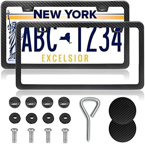 Limsas Carbon Fiber License Plate Frames Black, 2 Pack Car Plate Frame with Carbon Coasters Front and Rear Slim Thin License Plate Frame Aluminum Metal Rust-Proof Universal Car Tag Holder