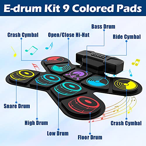 Electronic Drum Set, Colorful Roll-Up Drum Practice Pad, Portable/Dual Stereo Speakers/Bluetooth/Supports Dtx Game, 9 Pad Digital Drum Kit For Kids Beginner Holiday Birthday Gift #TOP1